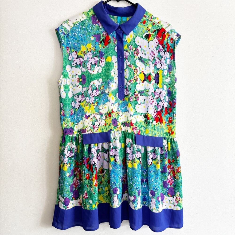 L'Amour Nanette Lepore Women's Sz L Watercolor Floral Sheer Mid Mod Swing Dress